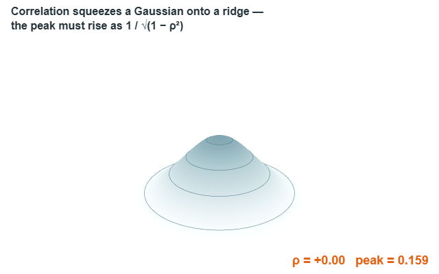 Animation: 3D density surface of a bivariate Gaussian while the camera orbits and the correlation sweeps from -0.85 to +0.85 and back; the surface squeezes onto a diagonal ridge and the peak rises as 1 over the square root of 1 minus rho squared, with a live rho and peak-height readout.