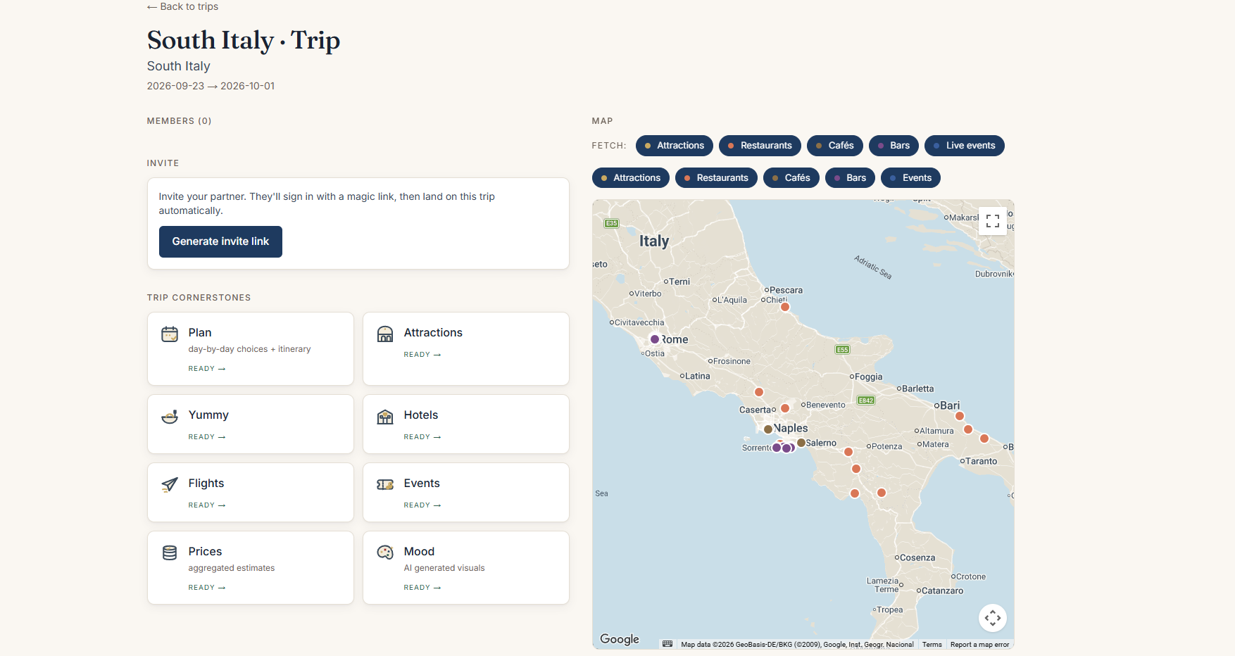Screenshot: TripWise &lsquo;South Italy&rsquo; trip (23 Sep &ndash; 1 Oct 2026) &mdash; a map of southern Italy beside trip cornerstones: Plan, Attractions, Yummy, Hotels, Flights, Events, Prices, Mood.